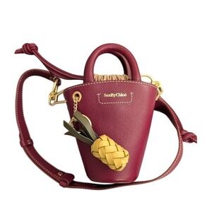 See By Chloe Mini Bucket 'Cecilya' Bag Burgundy Leather Charm Crossbody NEW
